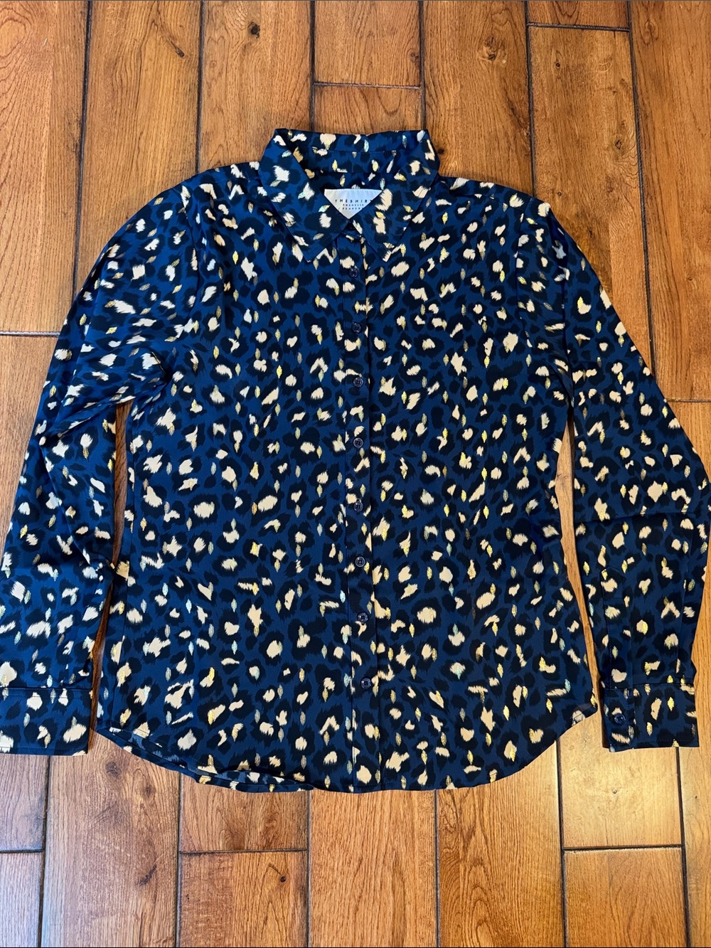 The Shirt by Rochelle Behrens Navy Blue Leopard Print Button-Up